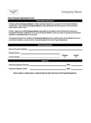 Direct Deposit Agreement Form