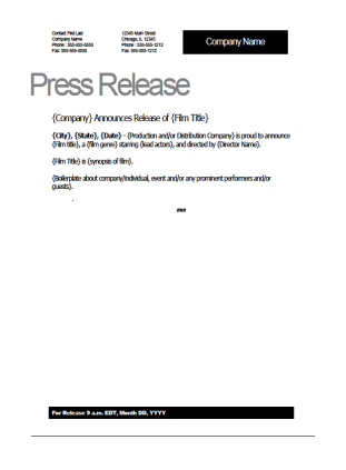 Film Press Release Template